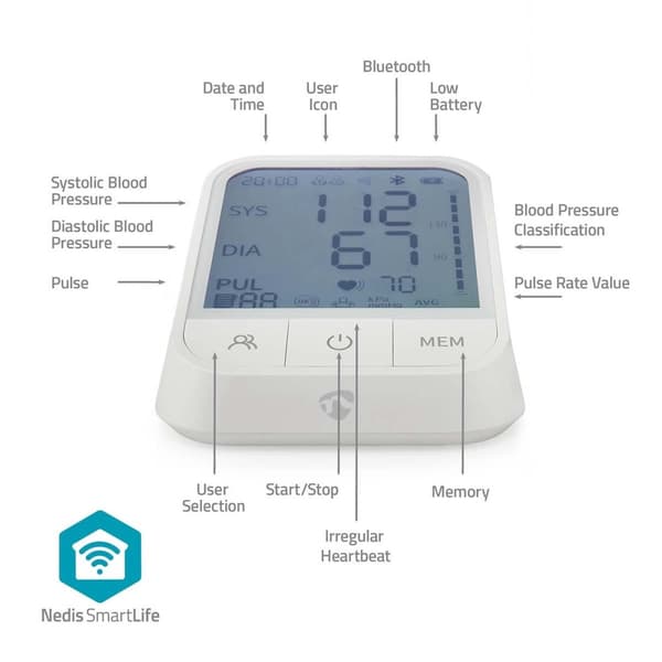 Nedis SmartLife Blodtryksmåler | Arm | Bluetooth® | LCD Display | 22 - 42 cm | Angivelse af stilstand / Detektion af uregelmæssig hjerterytme / Detekt