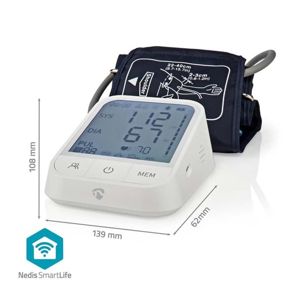 Nedis SmartLife Blodtryksmåler | Arm | Bluetooth® | LCD Display | 22 - 42 cm | Angivelse af stilstand / Detektion af uregelmæssig hjerterytme / Detekt