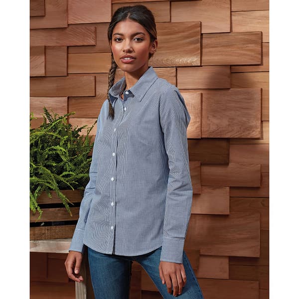 Premier Womens/Ladies Microcheck Long Sleeve Shirt