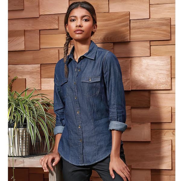 Premier Womens/Ladies Jeans Stitch Long Sleeve Denim Shirt