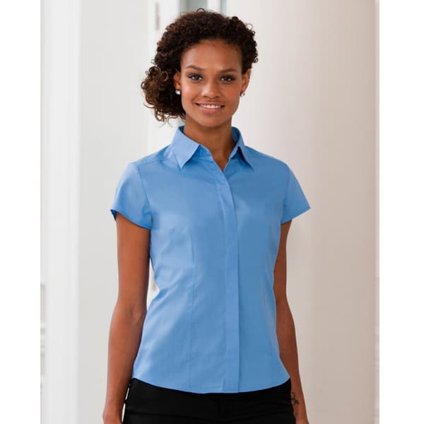 Russell Collection Ladies Cap Sleeve Polycotton Polycotton Easy Care Fitted Poplin Shirt