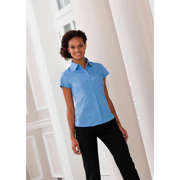 Russell Collection Ladies Cap Sleeve Polycotton Polycotton Easy Care Fitted Poplin Shirt
