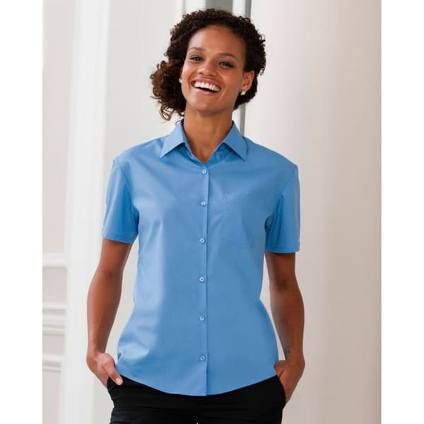 Russell Collection Ladies/Womens kortärmad poplinskjorta i polybomull med lätt skötsel