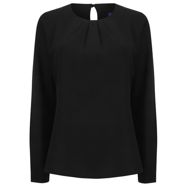 Henbury Womens/Ladies Yarn Pleat Front Long-Sleeved Blouse Black XS