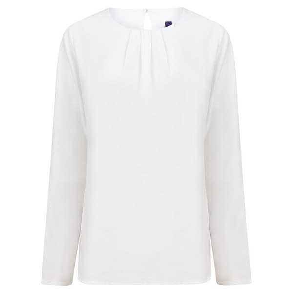 Henbury Womens/Ladies Yarn Pleat Front Long-Sleeved Blouse White L