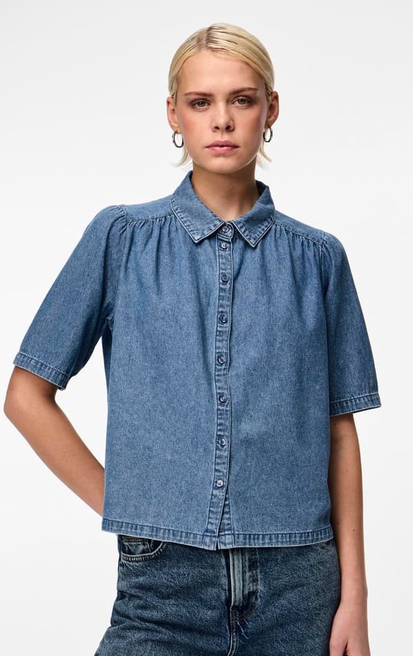 Pieces - pcMag SS Denim Shirt Mellanblå XS