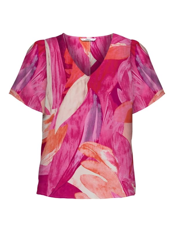 Only - onlAlma Poly SS V-neck Top Santorini Palm Print