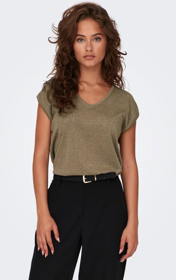Only - onlSilvery SS V neck Lurex Top