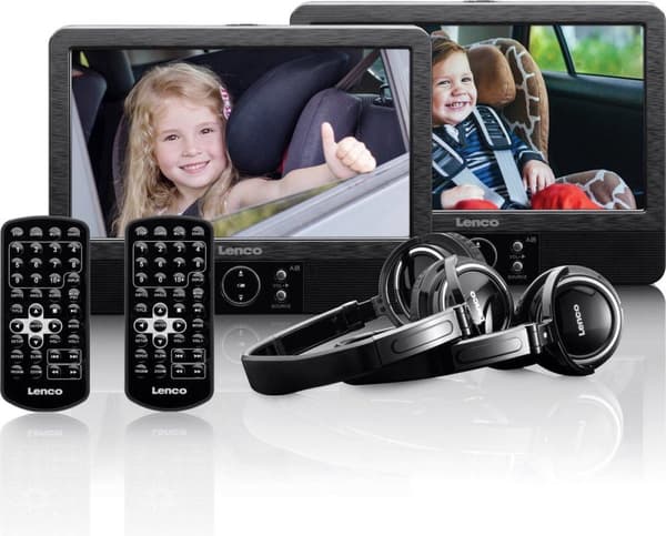 Lenco DVP-939 - 2x9" kannettava DVD-soitin, jossa USB, SD, sisäänrakennettu akku, 2x kuulokkeet ja 2x kiinnike - musta