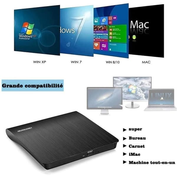 Extern CD/DVD-läsare - AUDBURN - USB 3.0 - DVD-brännare - Bärbar inspelare - Svart