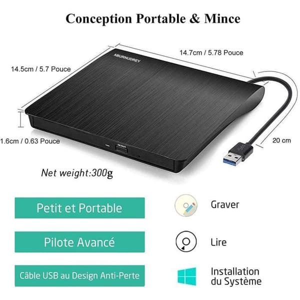 Extern CD/DVD-läsare - AUDBURN - USB 3.0 - DVD-brännare - Bärbar inspelare - Svart