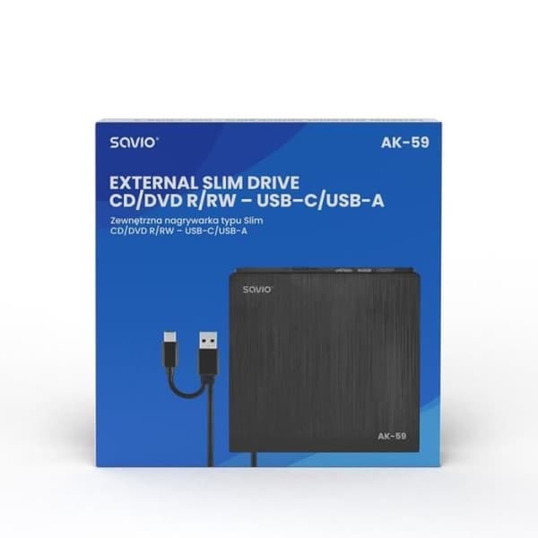 SAVIO extern DVD-enhet - Slim AK-59 - Vit - USB-C/USB-A - Fack - CD/DVD - 14,7x14,1x1,7cm
