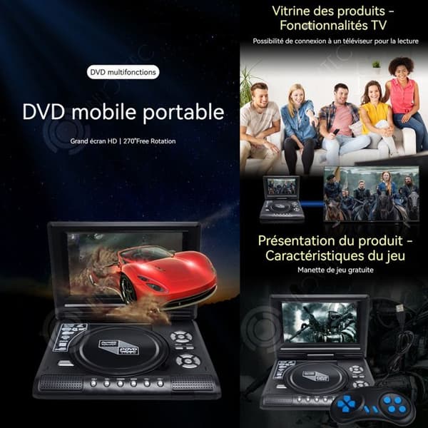 INN Bärbar DVD-spelare med uppladdningsbart batteri, 7 tum HD-skärm för bil och hem, stöd för SD-kort och USB, kompatibel med SVCD, VCD, CD