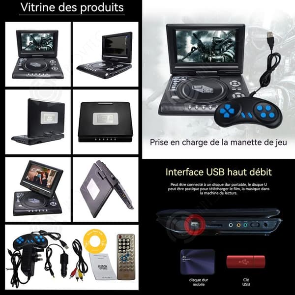 INN Bärbar DVD-spelare med uppladdningsbart batteri, 7 tum HD-skärm för bil och hem, stöd för SD-kort och USB, kompatibel med SVCD, VCD, CD