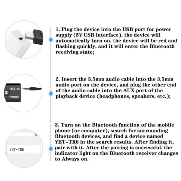 Bluetooth -adapter avsendermottaker for trådløs musikk 3,5 mm aux