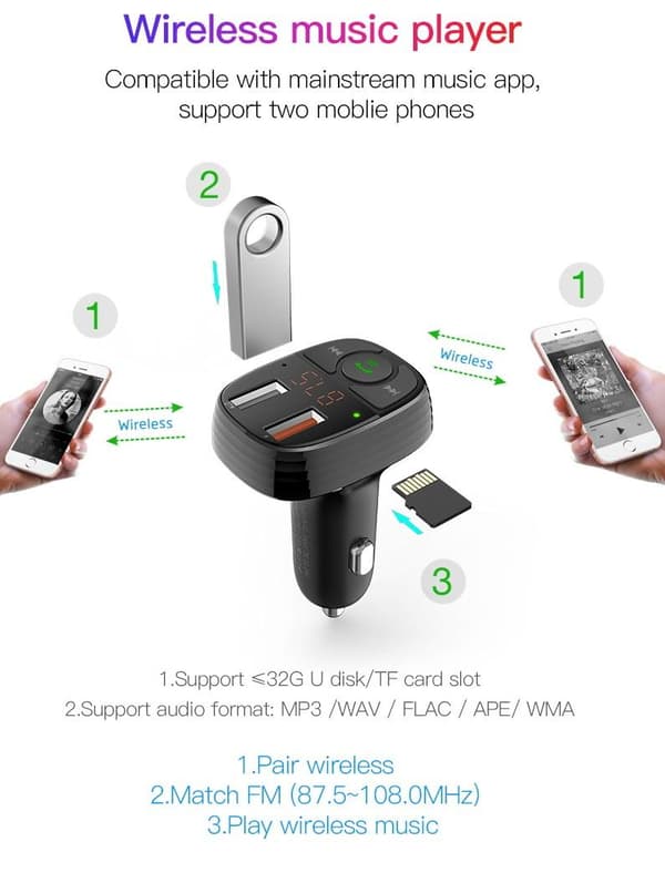 Baseus Bluetooth FM Sändare T-Typ MP3 Billaddare