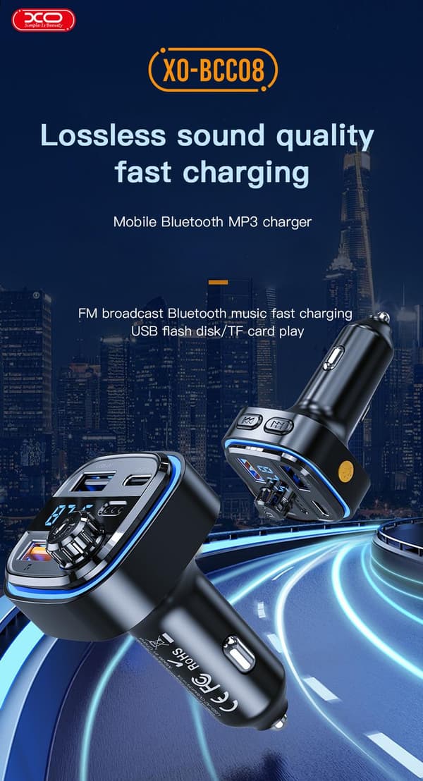 Bluetooth FM Sändare Billaddare med 1 X USBC, 2XUSB-laddning