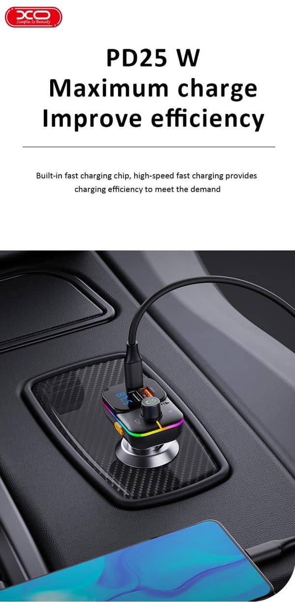 Bluetooth FM Sändare 25W Billaddare med 1 X USBC, 2XUSB-laddning