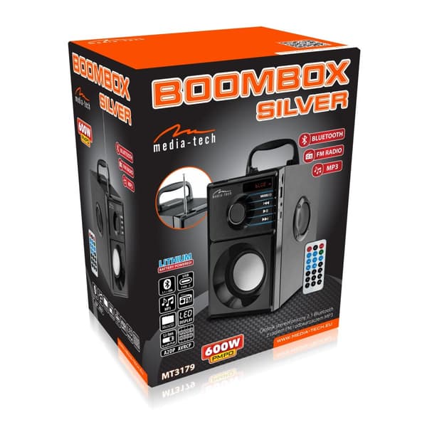 Głośnik BOOMBOX SILVER MT3179 Bluetooth 5.1+EDR/FM/MP3/MicroSD/USB/AUS/Pilot/USB-C/LED/RMS 15W/PMPO 600W