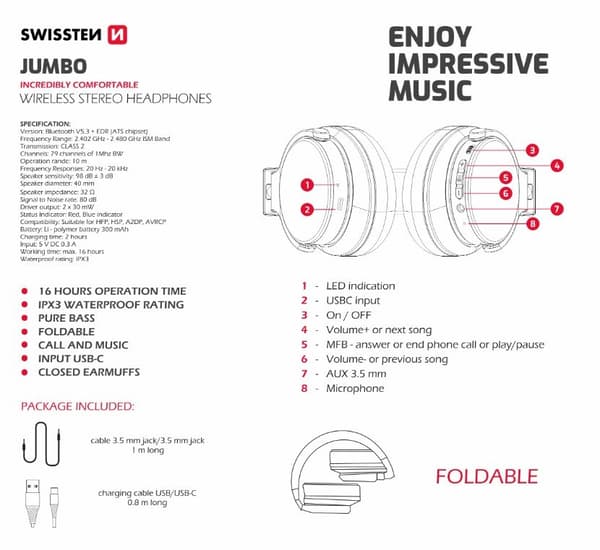 Swissten Jumbo Bluetooth Headphones with FM / AUX
