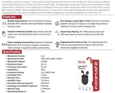 PROMATE Charisma 2 TWS Bluetooth Stereo Headset