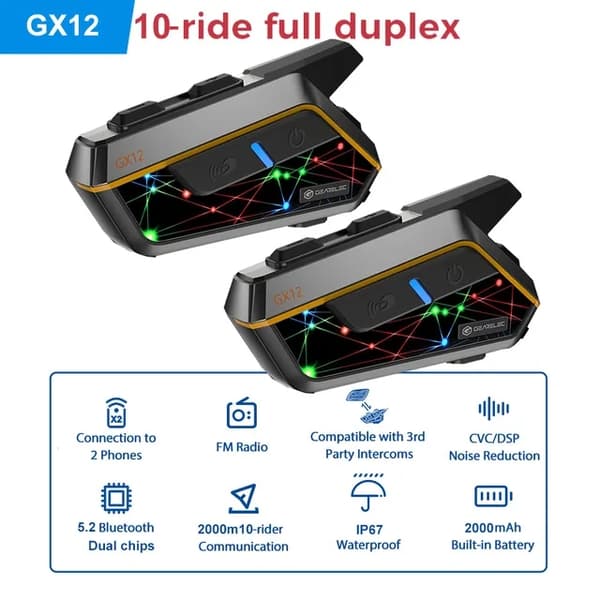 Motorcykel Bluetooth-hjälmintercom, 2000m räckvidd, musikdelning, 2PCS GX12