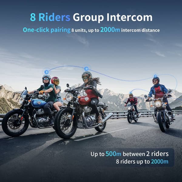 Motorcykelhjälm Bluetooth Intercom, 2000M Räckvidd, Stöd för 8 Ryttare, Bullerreducering