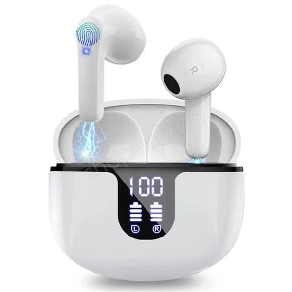 SHOP-STORY - SONOFLEX_B: Trådlösa Bluetooth-hörlurar med pekskärm med laddningsfodral och digital multifunktionsskärm - Vit
