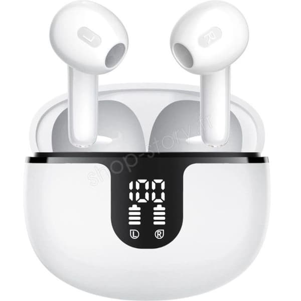 SHOP-STORY - SONOFLEX_B: Trådlösa Bluetooth-hörlurar med pekskärm med laddningsfodral och digital multifunktionsskärm - Vit