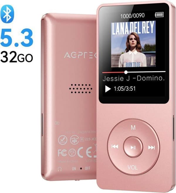 32GB MP3-spelare Bluetooth 5.3 med högtalare FM-radio AGPTEK HiFi förlustfri musikspelare 70H Ultralång batteritid, rosa