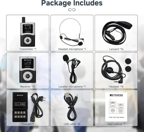 Retekess T130U ljudguide-set, mikrofon för turistguide, 200m, en nyckel drift, 16 USB-laddningsportar