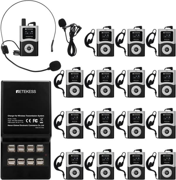 Retekess T130U ljudguide-set, mikrofon för turistguide, 200m, en nyckel drift, 16 USB-laddningsportar