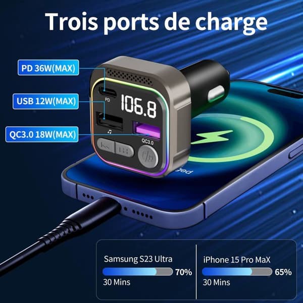 Bluetooth-adapter - GizmoVine - Bil - Snabb laddning PD 36W - Bluetooth 5.3 - Handsfree-samtal