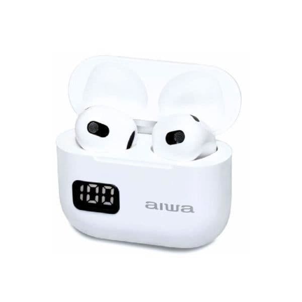 Auriculares InEar True Wireless aiwa EBTW-100 i vit färg, ansluten till Bluetooth 5.0, laddningsfodral med nivåindikator