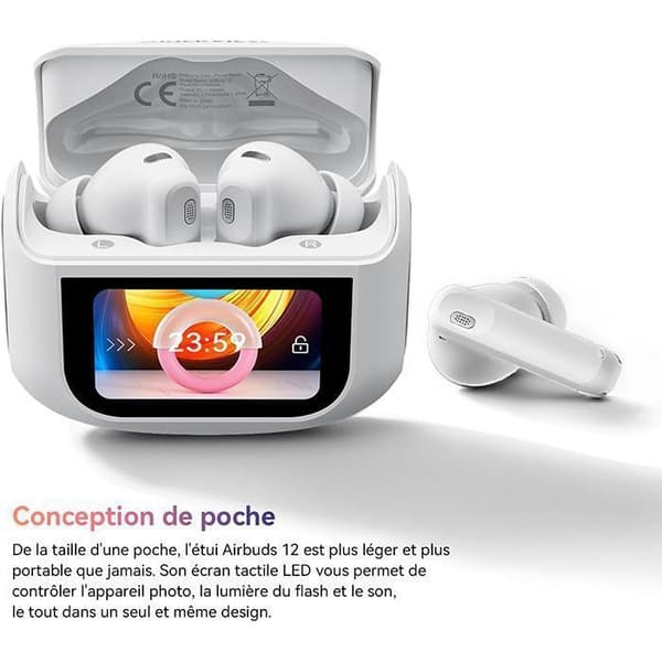 Anti-bullrande hörlurar ANC/ENC, Blackview AirBuds 12 Trådlösa Bluetooth-hörlurar, LED-touchskärm 400mAh IPX7 vattentåliga - Vit