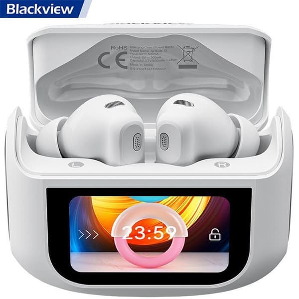 Trådlösa hörlurar Blackview AirBuds 12, Bluetooth-hörlurar utan sladd BT 5.4 Med LED-pekskärm 400mAh ANC&amp;ENC IPX7 vattentåliga - Vit