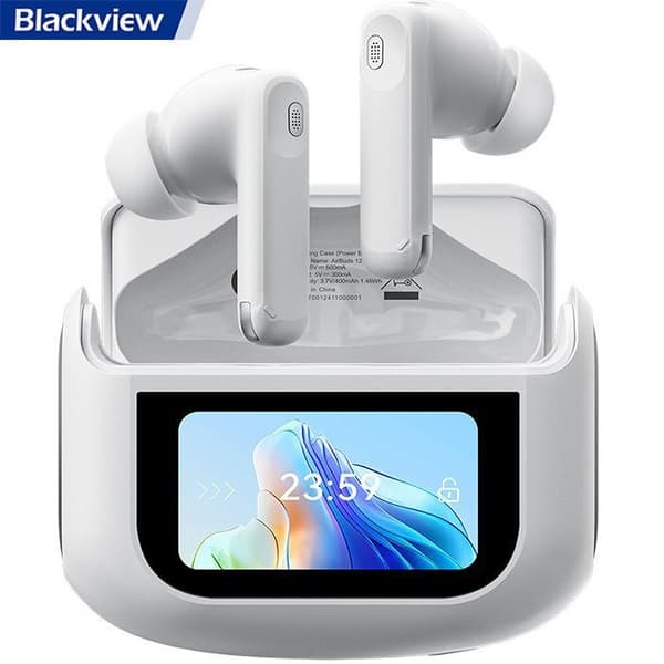 Trådlösa hörlurar Blackview AirBuds 12, Bluetooth-hörlurar utan sladd BT 5.4 Med LED-pekskärm 400mAh ANC&amp;ENC IPX7 vattentåliga - Vit