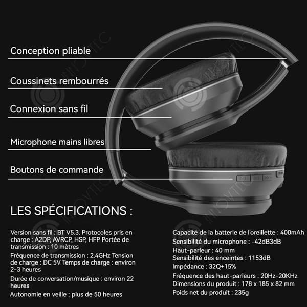 INN Brusreducerande hörlurar för vuxna 400 mah Bluetooth 5.3 22-timmars batteritid Huvudmonterade 3D stereo hopfällbara trådlösa Bluetooth-hörlurar