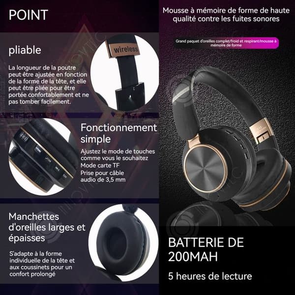 INN Brusreducerande hörlurar för vuxna 200 mah bluetooth 4.2 FM 4h batteritid monterade på huvudet 3D stereo hopfällbara trådlösa bluetooth hörlurar