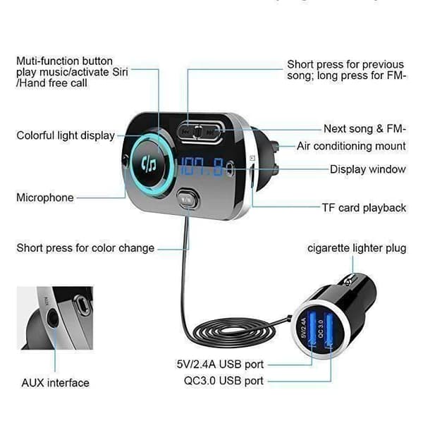 FM-sändare Bluetooth 5.0 trådlös radioadapter Handsfree bilsats, QC3.0 och 5V-2.4A snabbladdare