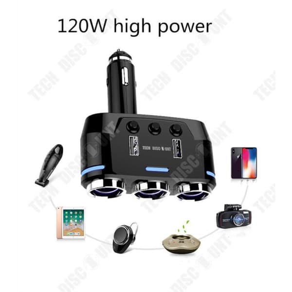 TD® 3-i-1 multiport USB cigarettändare billaddare elbatteri, iPhone, konsol, universell och samtidig laddning