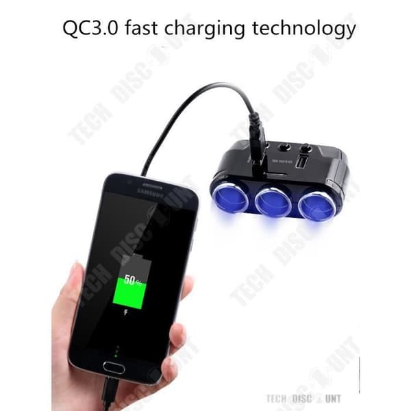 TD® 3-i-1 multiport USB cigarettändare billaddare elbatteri, iPhone, konsol, universell och samtidig laddning