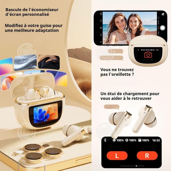 INN Trådlösa bluetooth hörlurar v5.4 med multifunktionell pekskärm, brusreducering, mp3 bluetooth, dubbelt läge kan ta foton