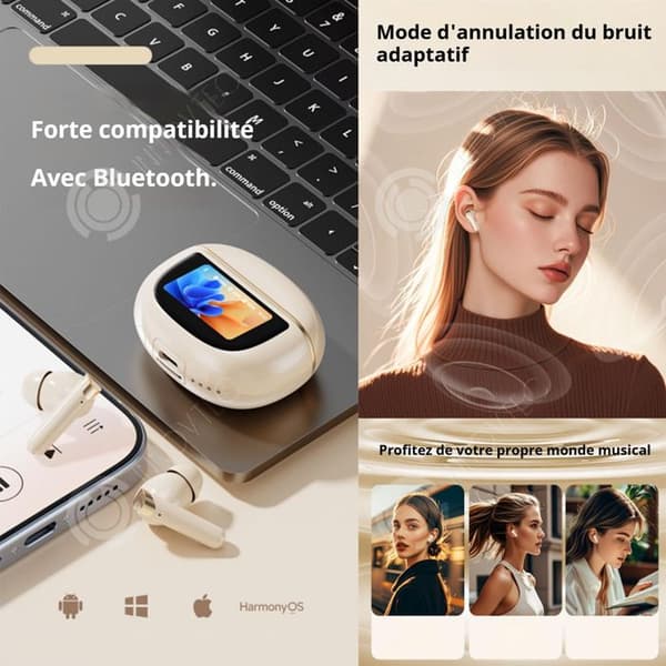 INN Trådlösa bluetooth hörlurar v5.4 med multifunktionell pekskärm, brusreducering, mp3 bluetooth, dubbelt läge kan ta foton