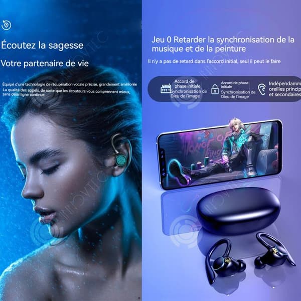 INN Trådlösa Bluetooth-hörlurar 500mah USB IPX7 Vattentät Bluetooth-headset 5.2 Öronkrok Pekskärms brusreducering