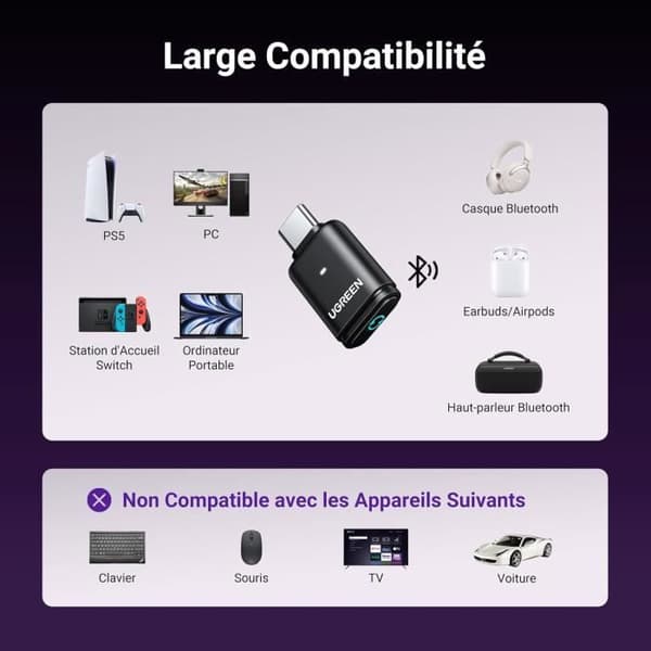 Bluetooth-dongel - UGREEN - Aptx-ljud - USB C - Låg latens - Kompatibel med PS5 PS4 Switch