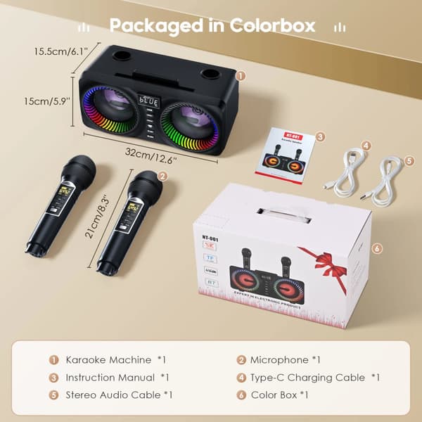 Karaoke-maskin, 2 UHF trådlösa mikrofoner, 9 färgglada discolampor, upp till 8 timmars batteritid,svart