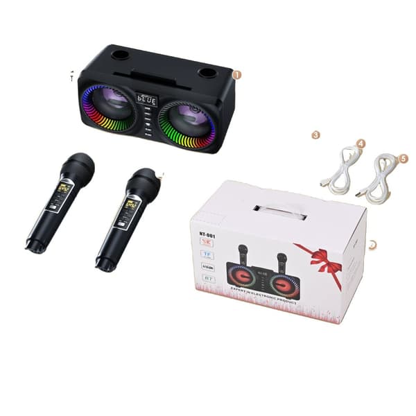 Karaoke-maskin, 2 UHF trådlösa mikrofoner, 9 färgglada discolampor, upp till 8 timmars batteritid,svart
