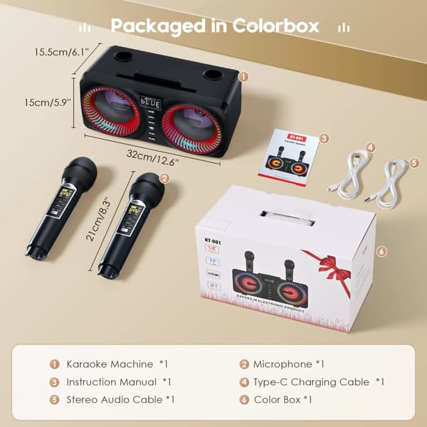 Karaoke-maskin, 2 UHF trådlösa mikrofoner, 9 färgglada discolampor, upp till 8 timmars batteritid,Röd