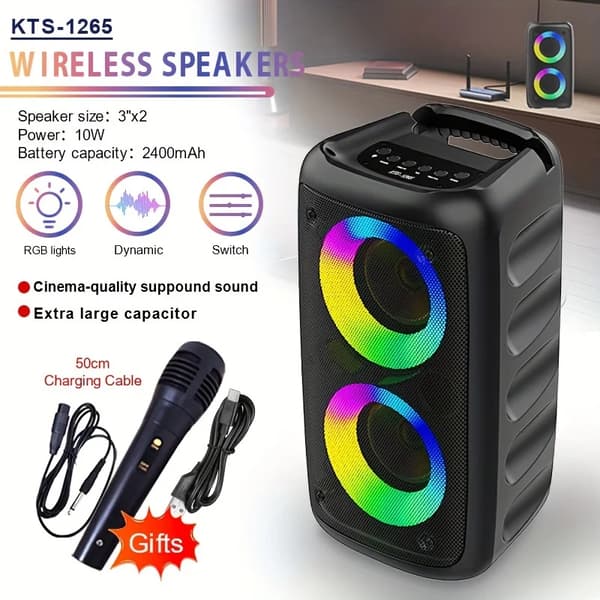 Bærbar trådløs højttaler, dual 10W output, RGB festlys,Højttaler, KTS-1265